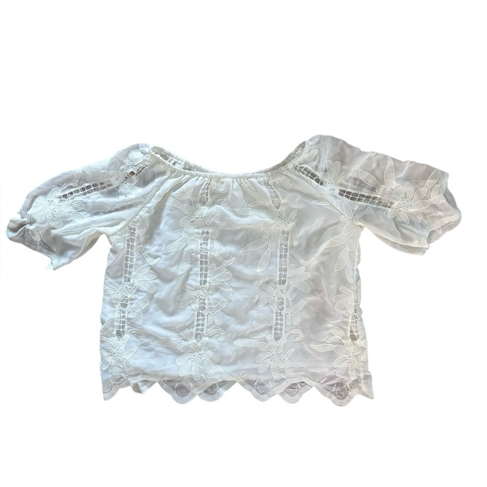 Women's White Cream Eyelet Off the Shoulder Lace Scalloped Edge Blouse Top XL